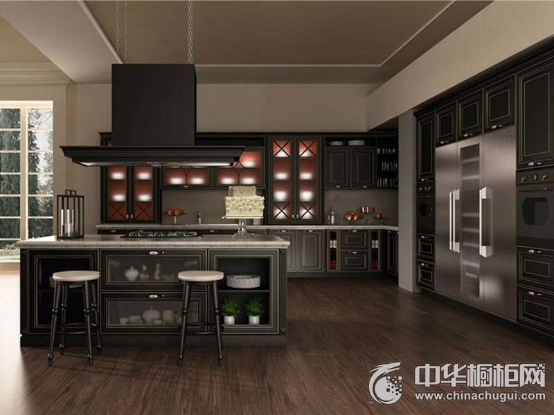 美式风格整体橱柜装修效果图　岛型厨房图片