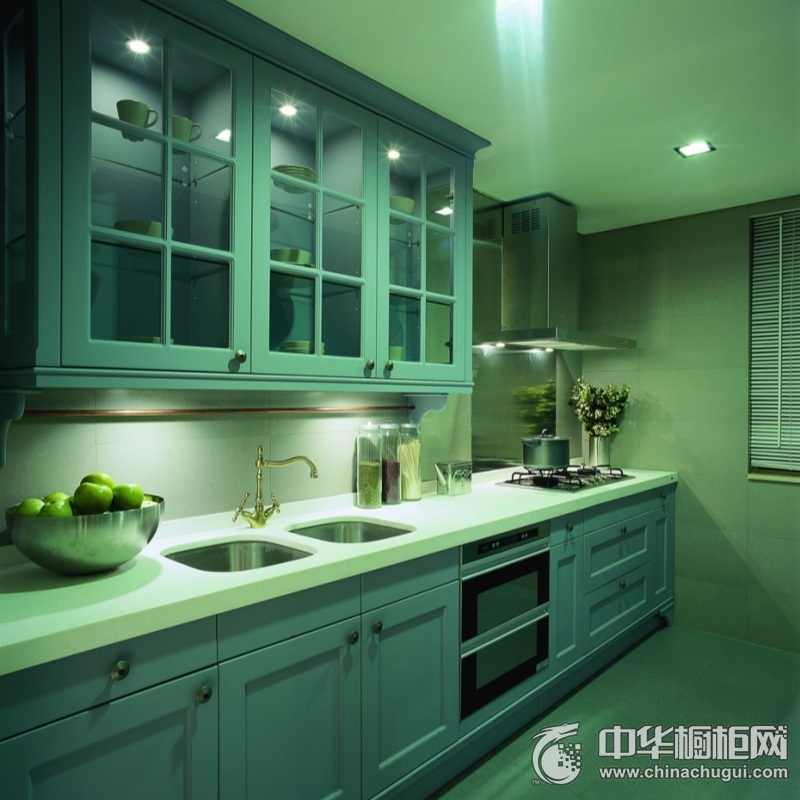 美式风格蓝绿色厨房橱柜设计图片 完美布局互不干扰