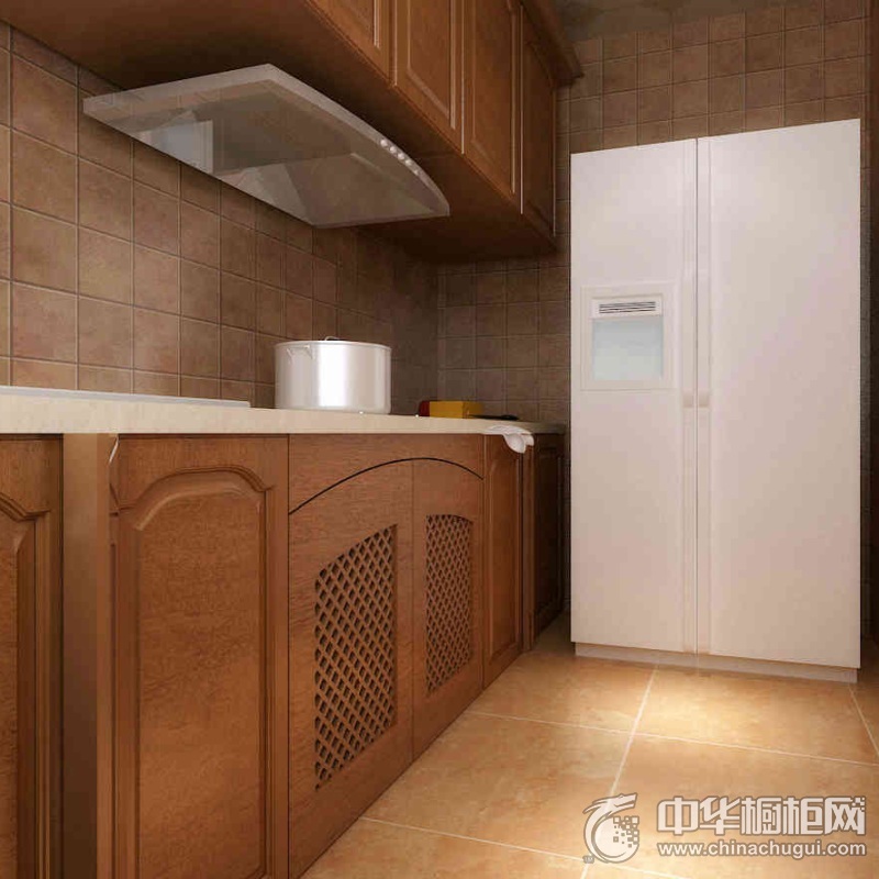 中式开放式厨房原木色橱柜效果图  中式风格整体橱柜效果图