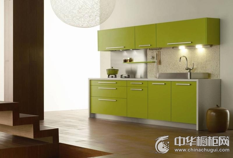 田园风厨房绿色橱柜装修效果图 一字型橱柜设计图片