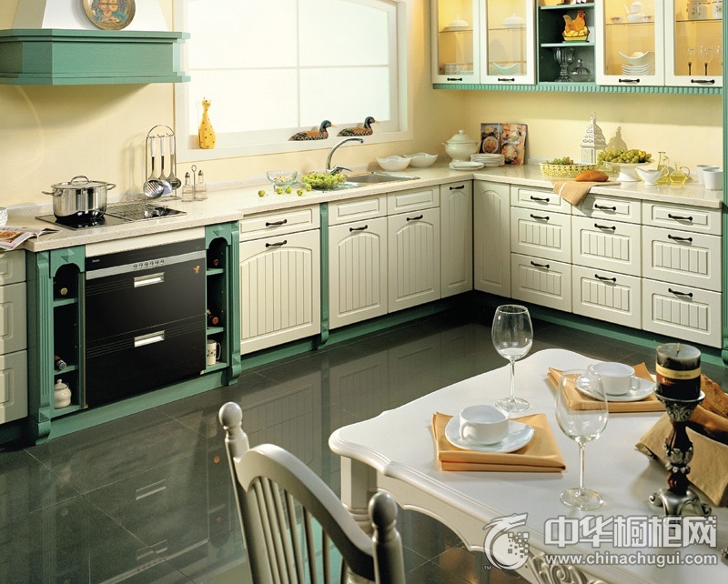 美式风格白色绿色厨房橱柜装修实景图 L型整体橱柜图片
